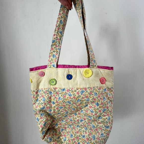Vintage Handbags - Floral Tote Bag with Colorful Buttons